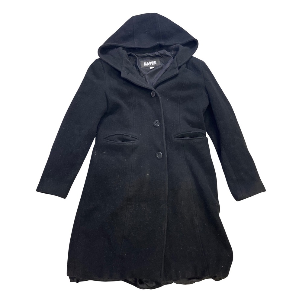 Marvin Richards Womens Black Hooded Wool Blend Overcoat Button Front Made in USA